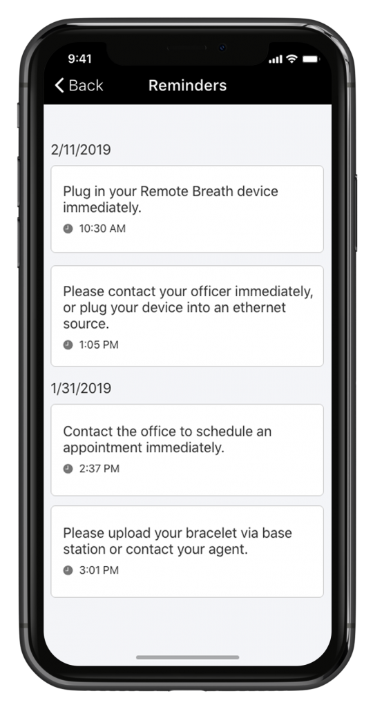 TouchPoint Client iPhone EM Reminders screen