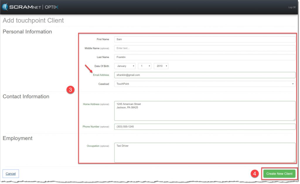 TouchPoint Add TouchPoint Client screen
