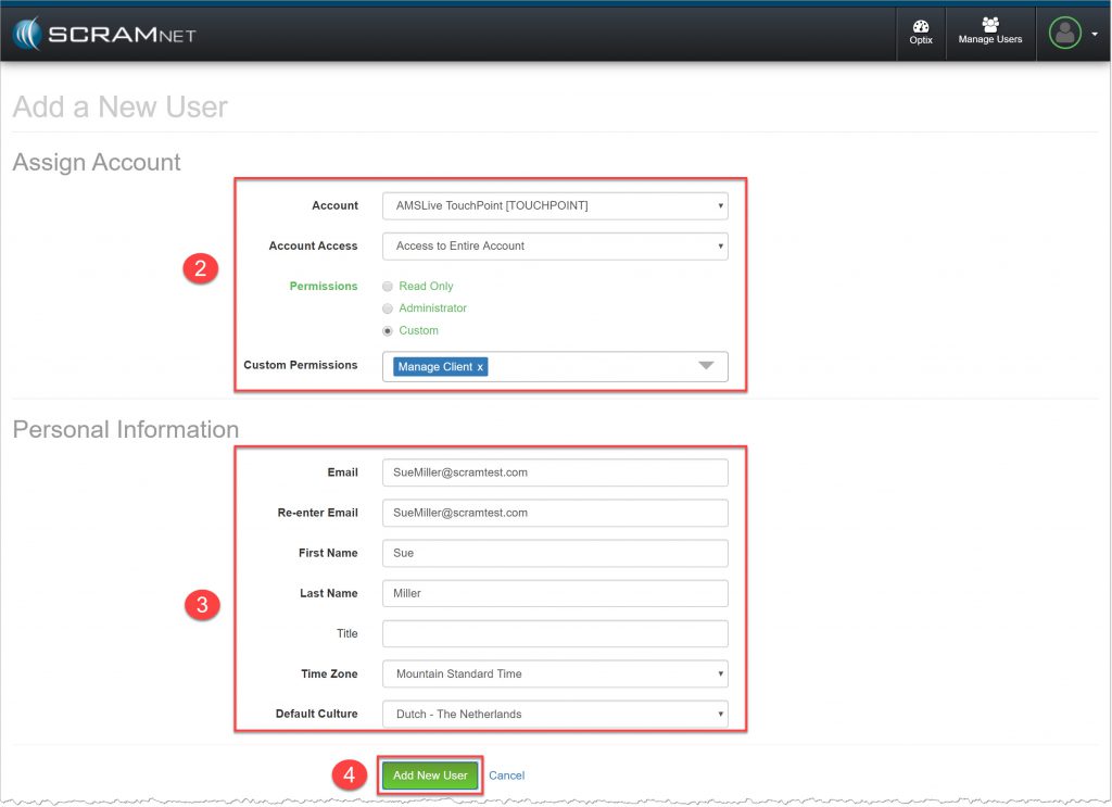 Manage Users - Add a New User page