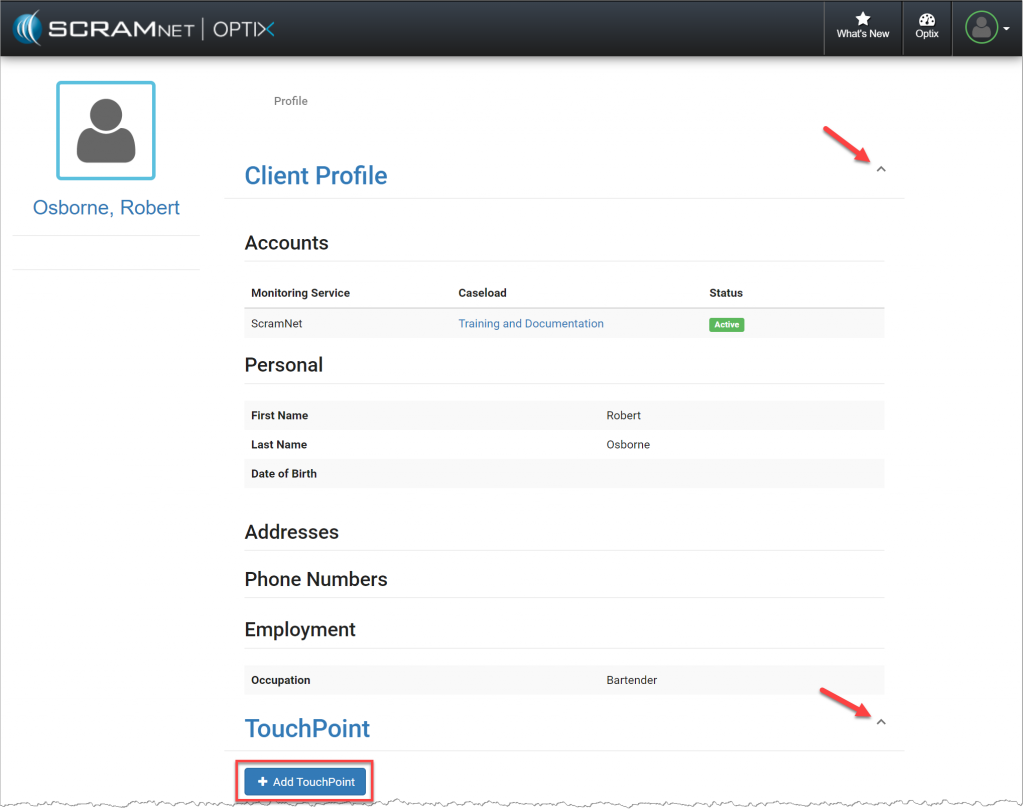 TouchPoint client profile page