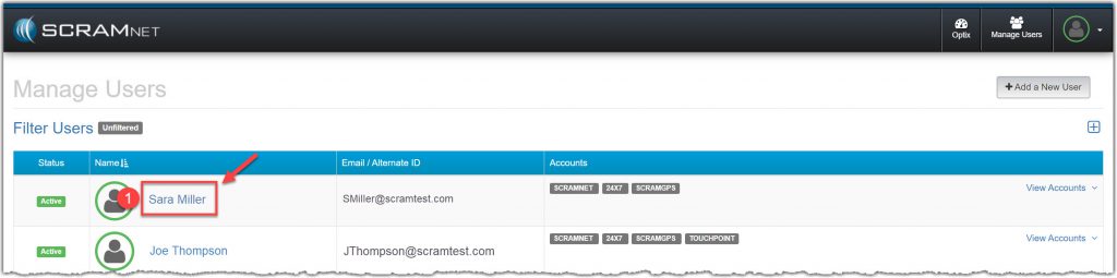 Manage users screen - add a new account step one