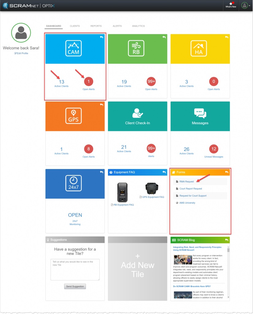 Optix Dashboard page