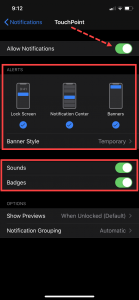 iPhone TouchPoint Notifications - allow notifications enabled