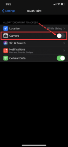 iPhone TouchPoint Settings camera disabled