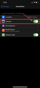 iPhone TouchPoint Settings camera enabled