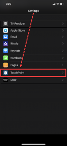 iPhone Settings menu - TouchPoint