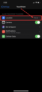 iPhone TouchPoint Location access set at never