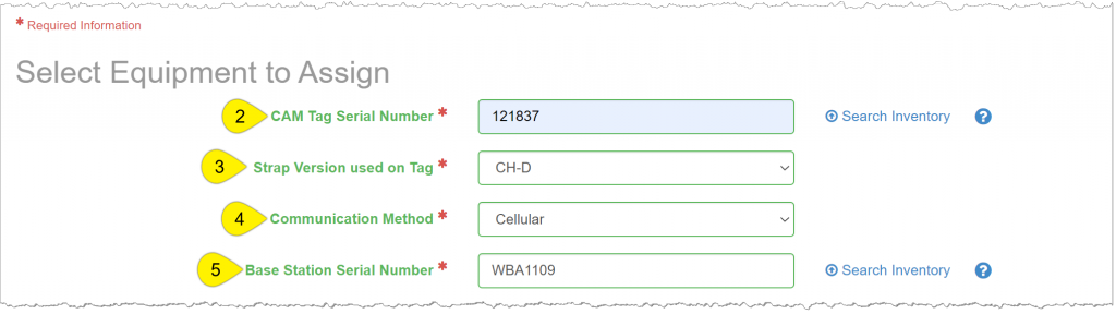 Client's select equipment to assign page highlighting the Tag serial number, strap version, communicaiton method and base station serial number fields.