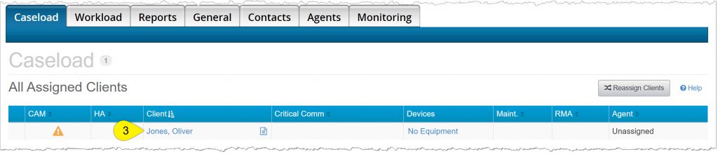 Caseload page with client's name hyperlink highlighted