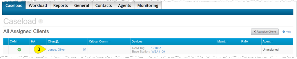 Caseload page highlighting a client's name hyperlink