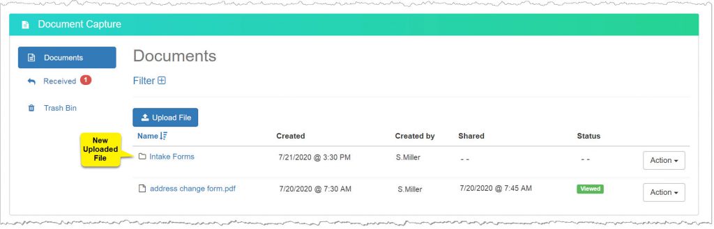 TouchPoint Documents page. Documents button selected highlighting the location of a newly uploaded document.