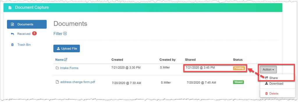TouchPoint Documents page. Documents button selected and Action menu highlighting the Share option.
