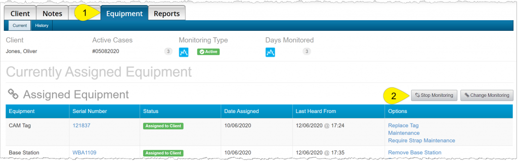 Client's equipment page highlighting the Equipment tab and the stop monitoring button.