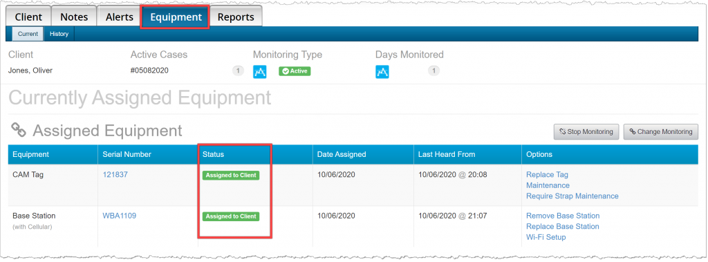 Client's Equipment page with the Equipment tab and equipment status of Assigned to client highlighted.