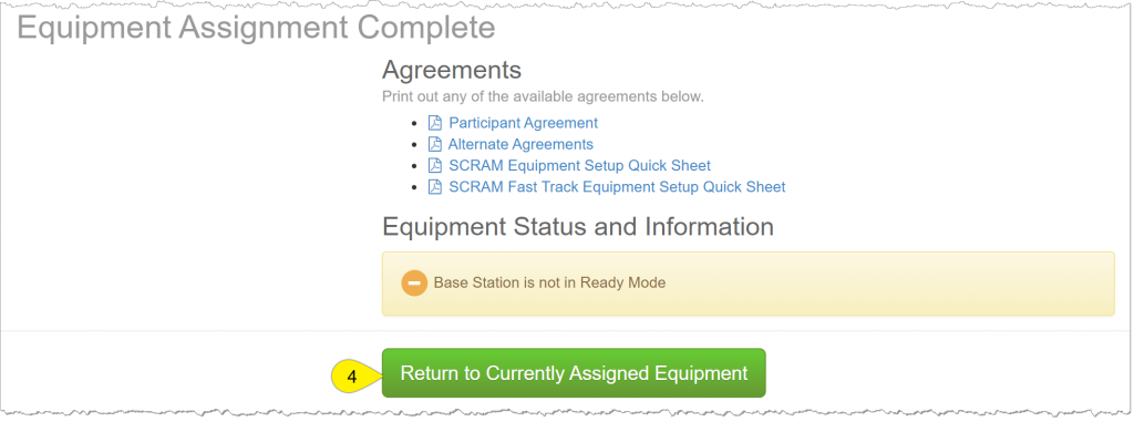 Equipment Assignment Complete screen highlighting the Return to currently assigned equipment button