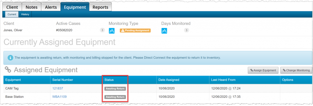 Subject's equipment page highlighting equipment status of awaiting return.