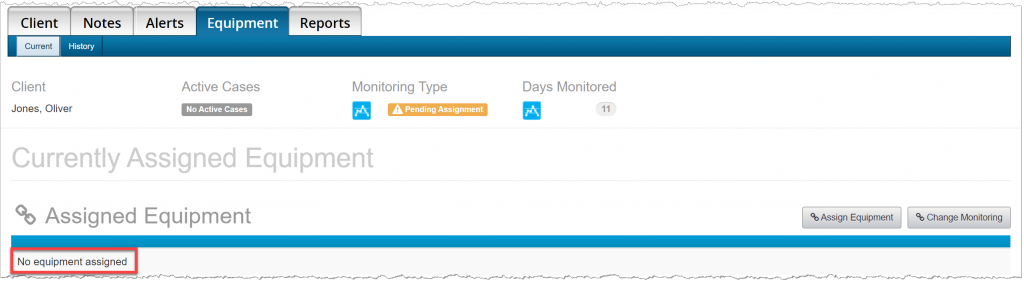 Subject's equipment page highlighting No equipment assigned message.