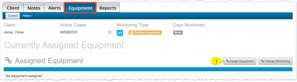 Client's equipment page highlighting the Equipment tab and the Assign Equipment button.