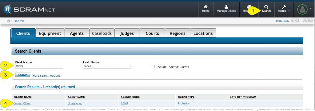 SCRAMNET Search icon with Search icon highlighted, first name field, search button and search results field with client's name hyper link all highlighted