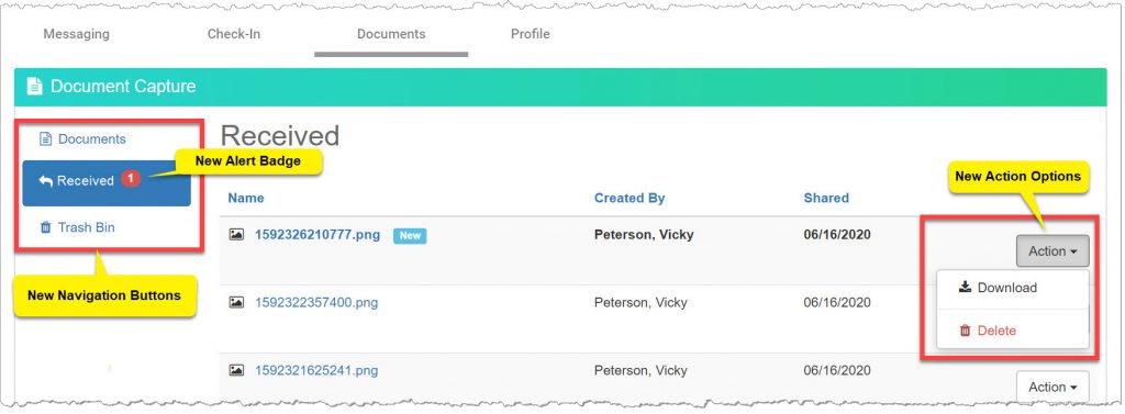 TouchPoint Documents page. Documents,Received and Trash Bin buttons and Action menu highlighted.
