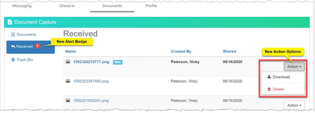 TouchPoint Documents page. Received button and Action menu highlighted.