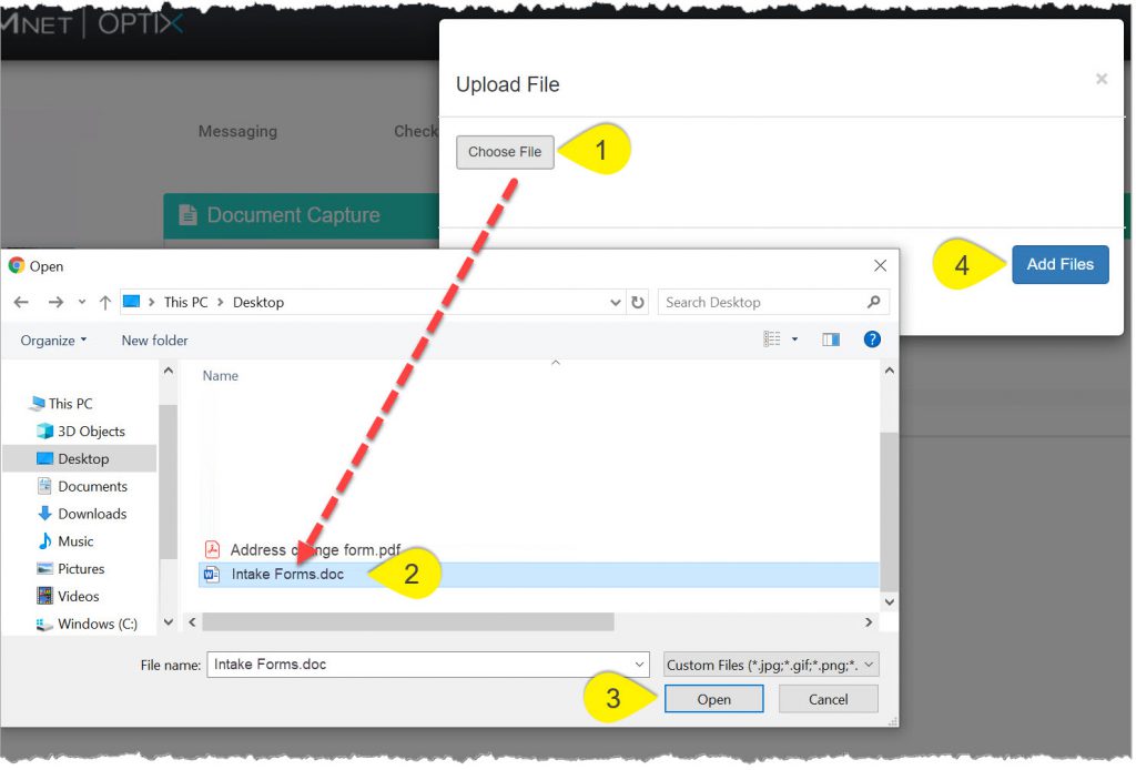 TouchPoint Documents page. Upload File pop-up and files located on Desktop displayed.