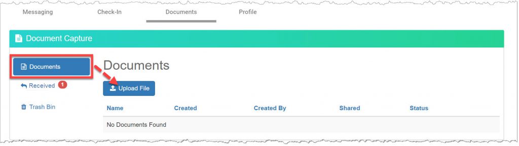 TouchPoint Documents page. Documents button and Upload File button highlighted.
