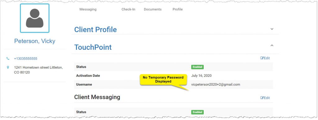 TouchPoint Client Profile page No Temporary password.