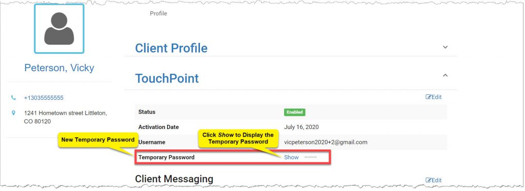 TouchPoint Client Profile page Temporary password hidden.