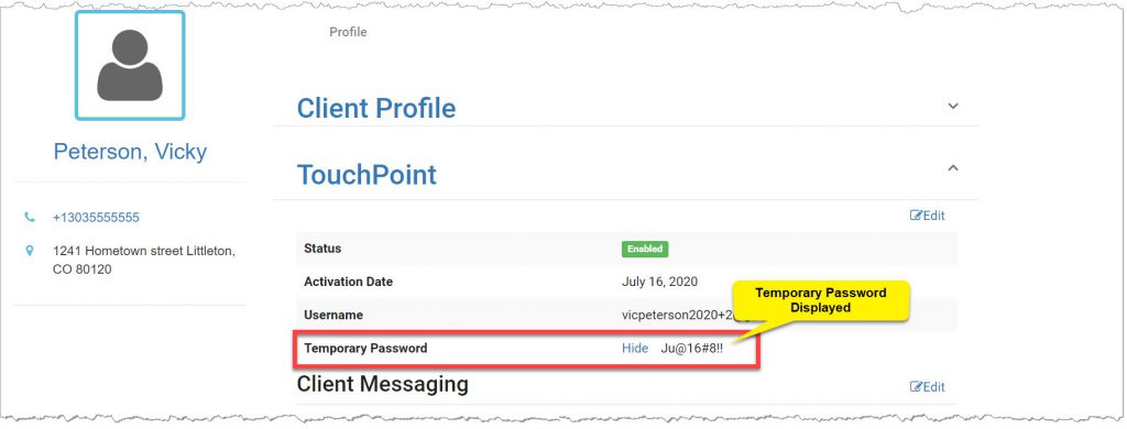 TouchPoint Client Profile page Temporary password displayed..