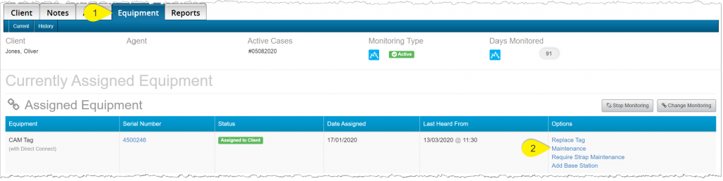 Equipment page highlighting the Equipment tab and Maintenance hyperlink