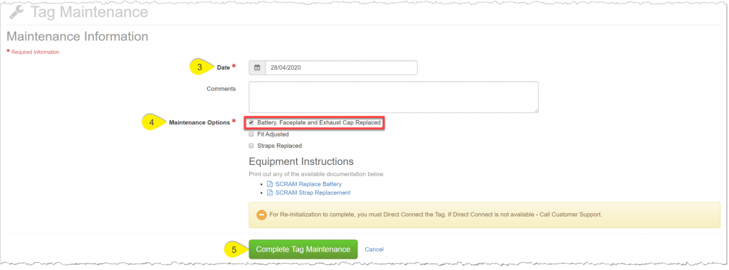 Tag Maintenance screen highlighting the Date, Maintenance Options and Complete Tag Maintenance button