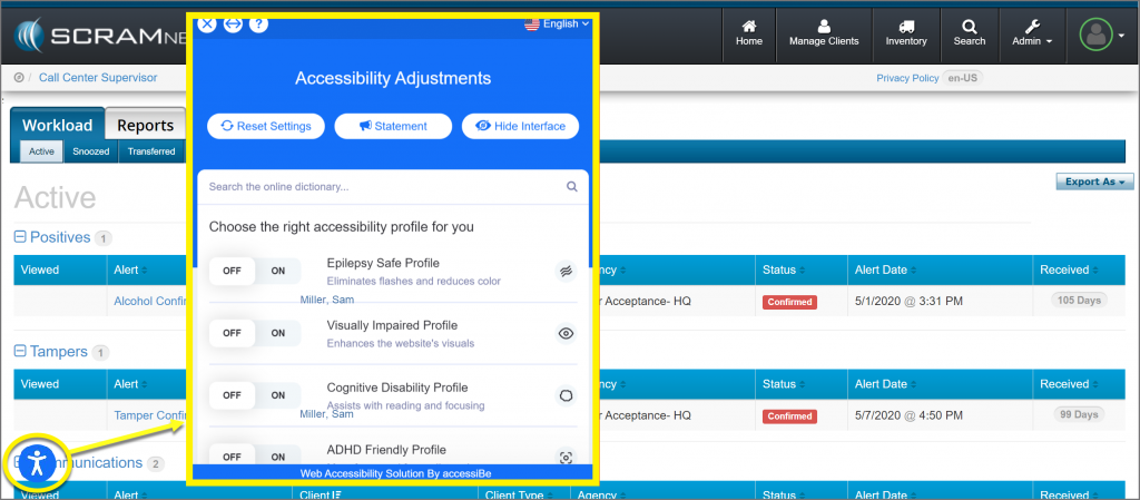 SCRAMNET Workload page with Accessibility Icon highlighted and Accessibility adjustments menu