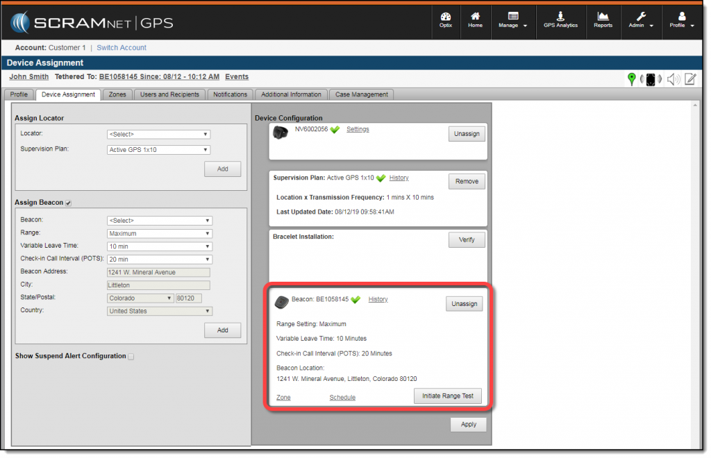 A screenshot of the SCRAMNET GPS Device Assignment tab where Beacon Configuration parameters are selected and displayed
