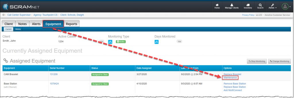Client's equipment page