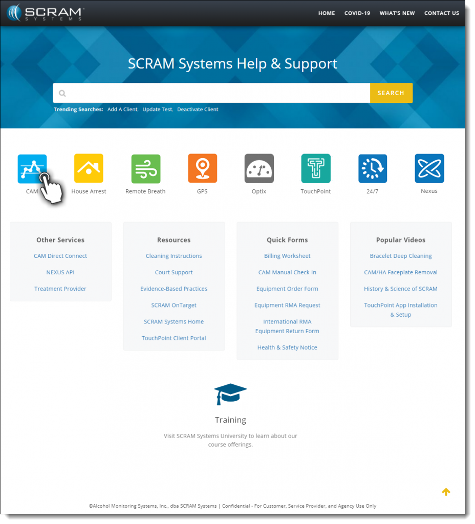 Screen capture of the SCRAM Systems Help and Support landing page