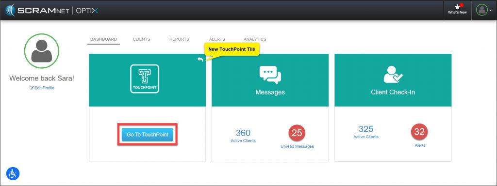 Optix Dashboard with TouchPoint tile highlighted
