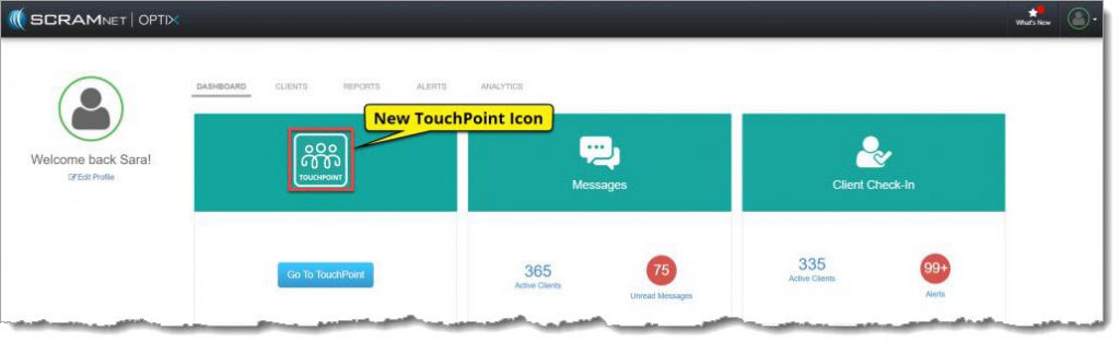 Optix Dashboard with TouchPoint Tile highlighted