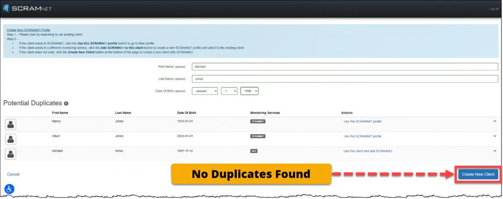 Create New SCRAMNET Profile page