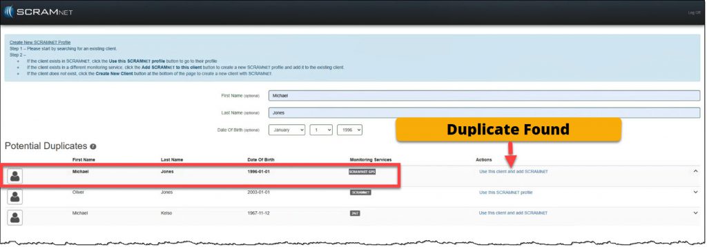  Create New SCRAMnet Profile page