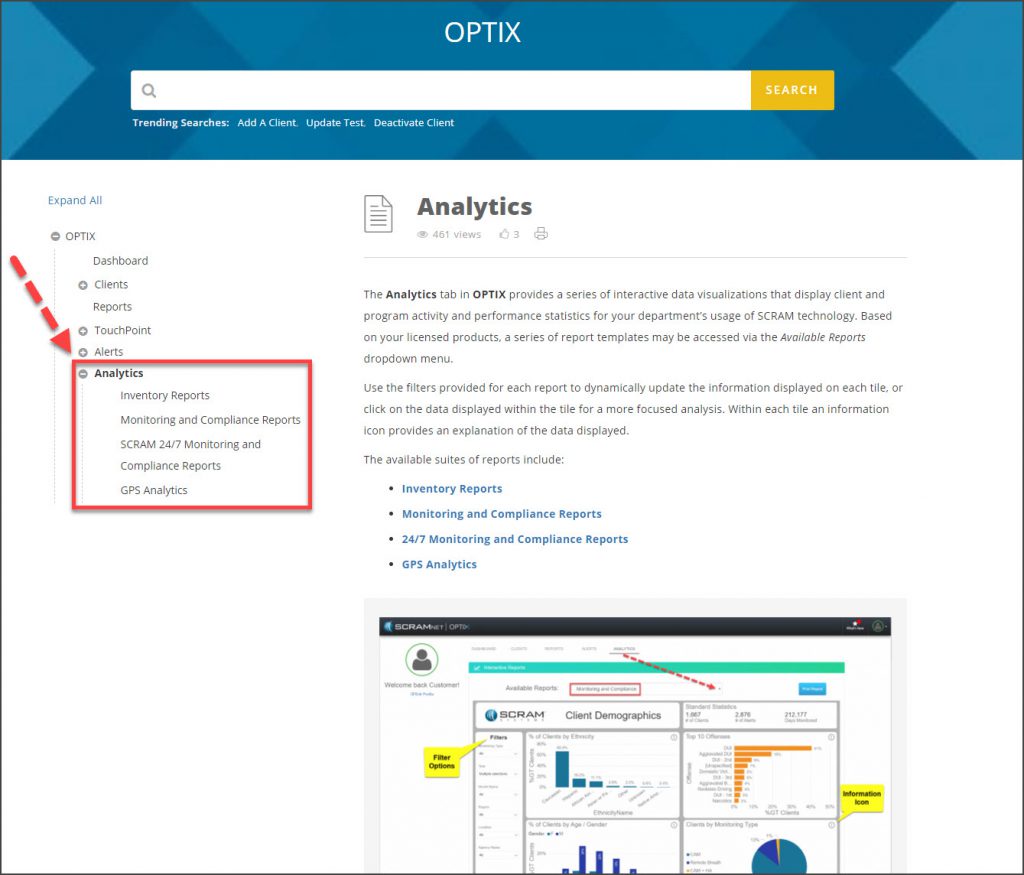 OPTIX Help page, Analytics section