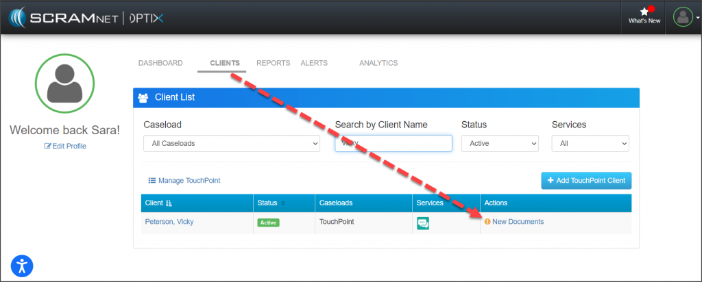 SCRAM OPTIX Clients list page