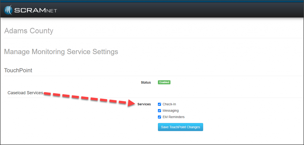 TouchPoint Manage Monitoring Service Settings page