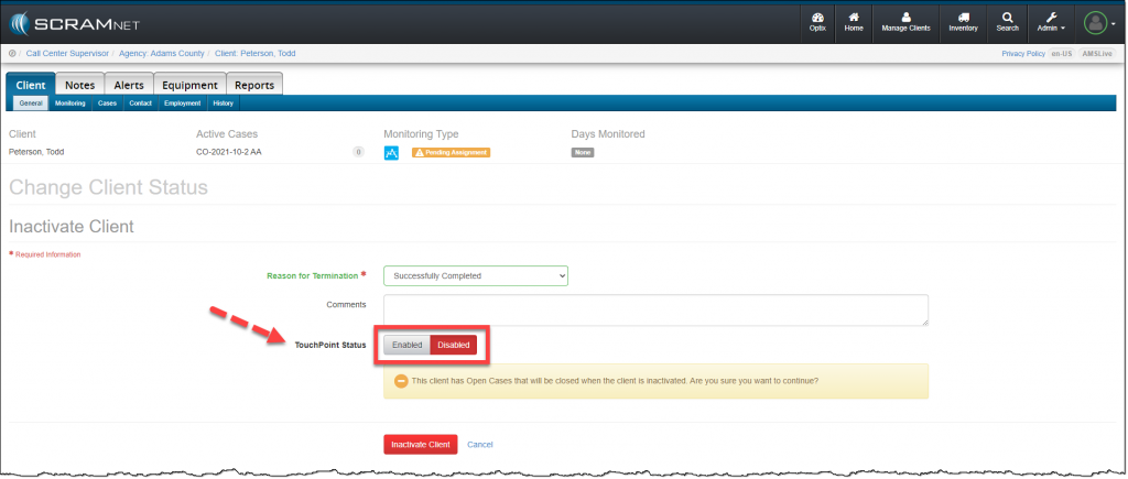 SCRAMNET Client page Change Client Status options