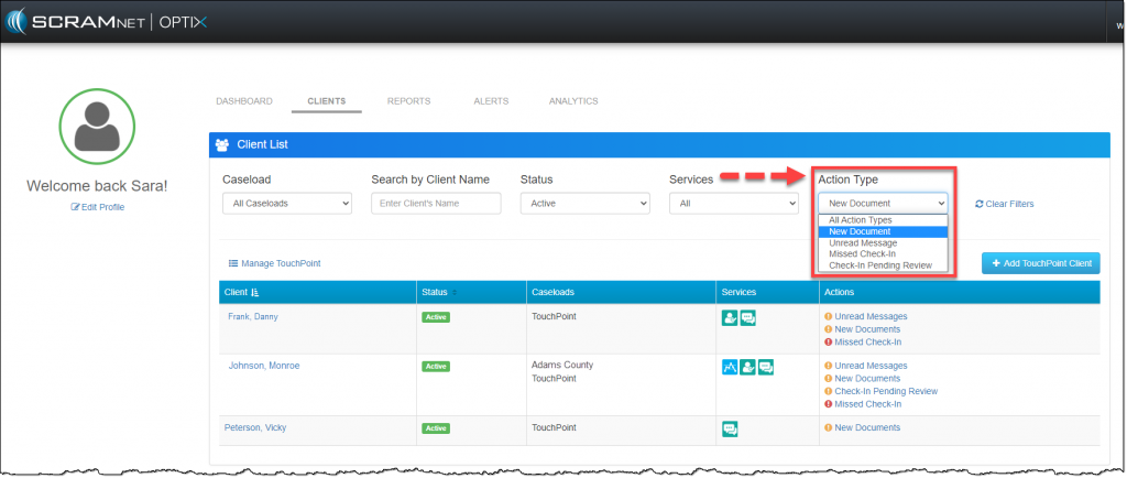 SCRAM Optix Clients page
