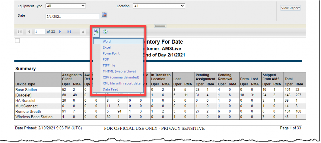 SCRAM Inventory For Date report