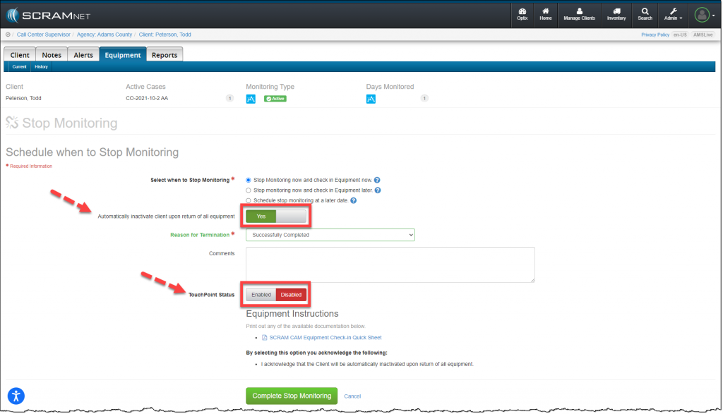 SCRAMNET Equipment page Stop Monitoring Options