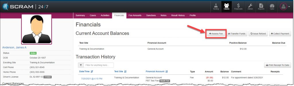 Client's Financials page Assess Fee button highlighted