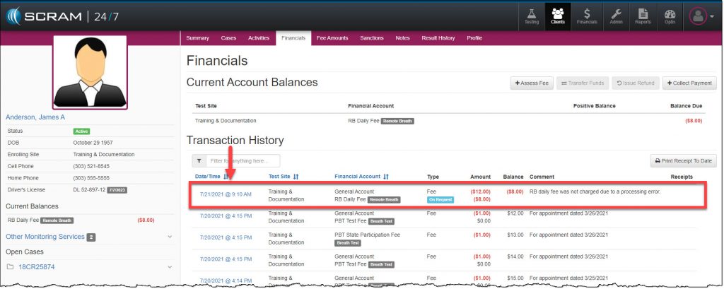 Client's Financials page with the Transaction History section highlighted On Request fee outlined