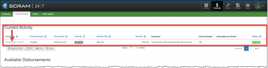 24/7 Disbursements page Current Activity section highlighted